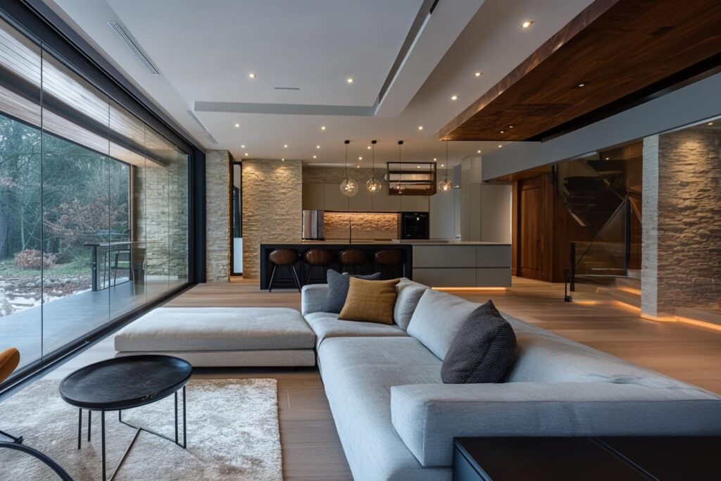 Modern living room at dusk
